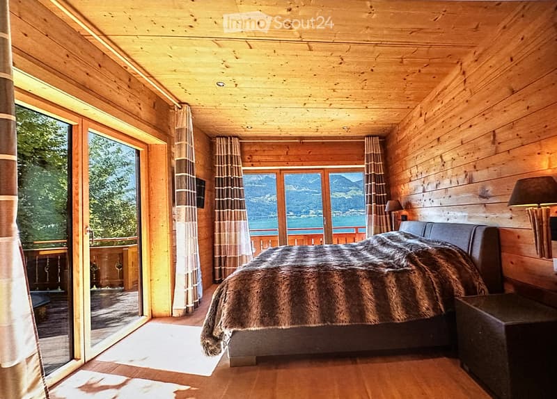 wooden interior, double bed, windows with view