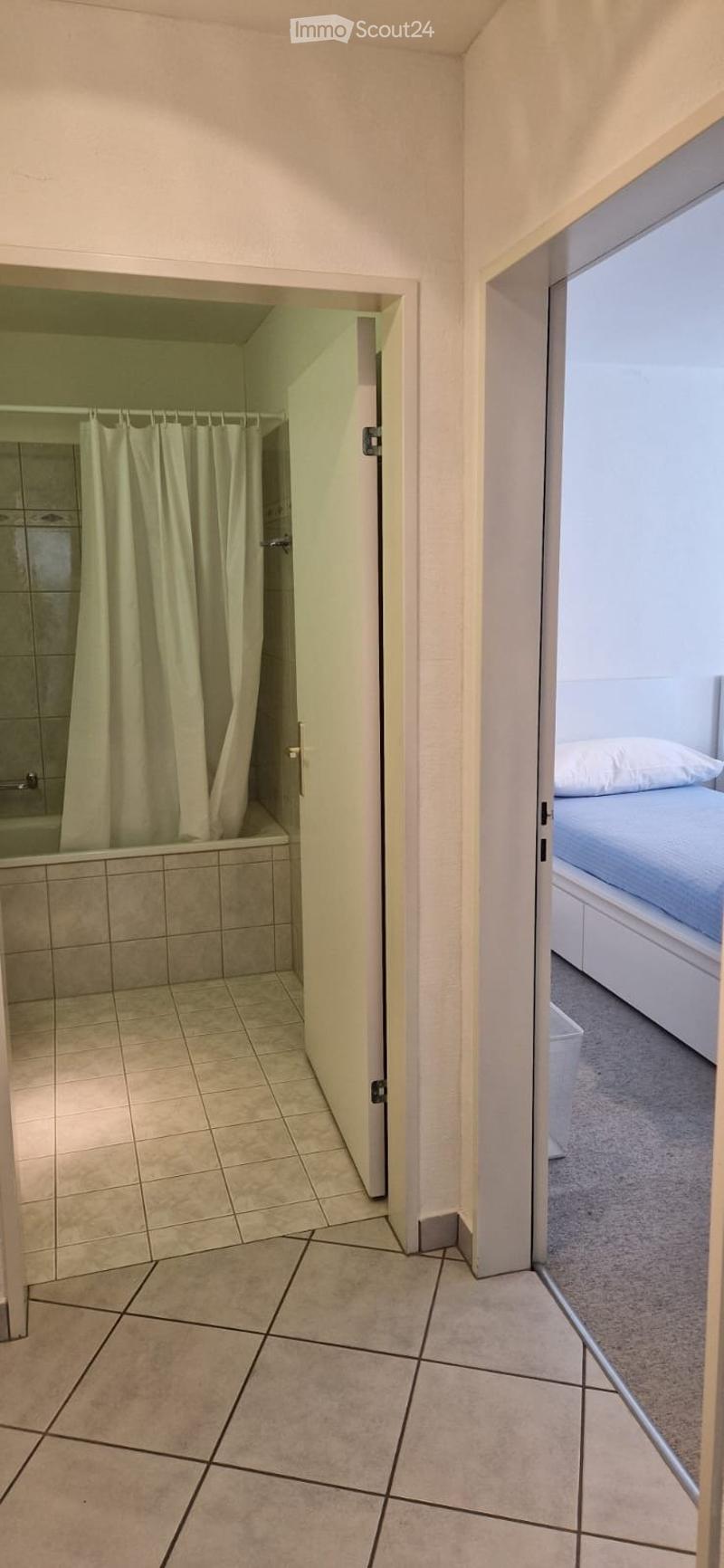 Bathroom with bathtub and shower, bedroom with bed and storage drawers