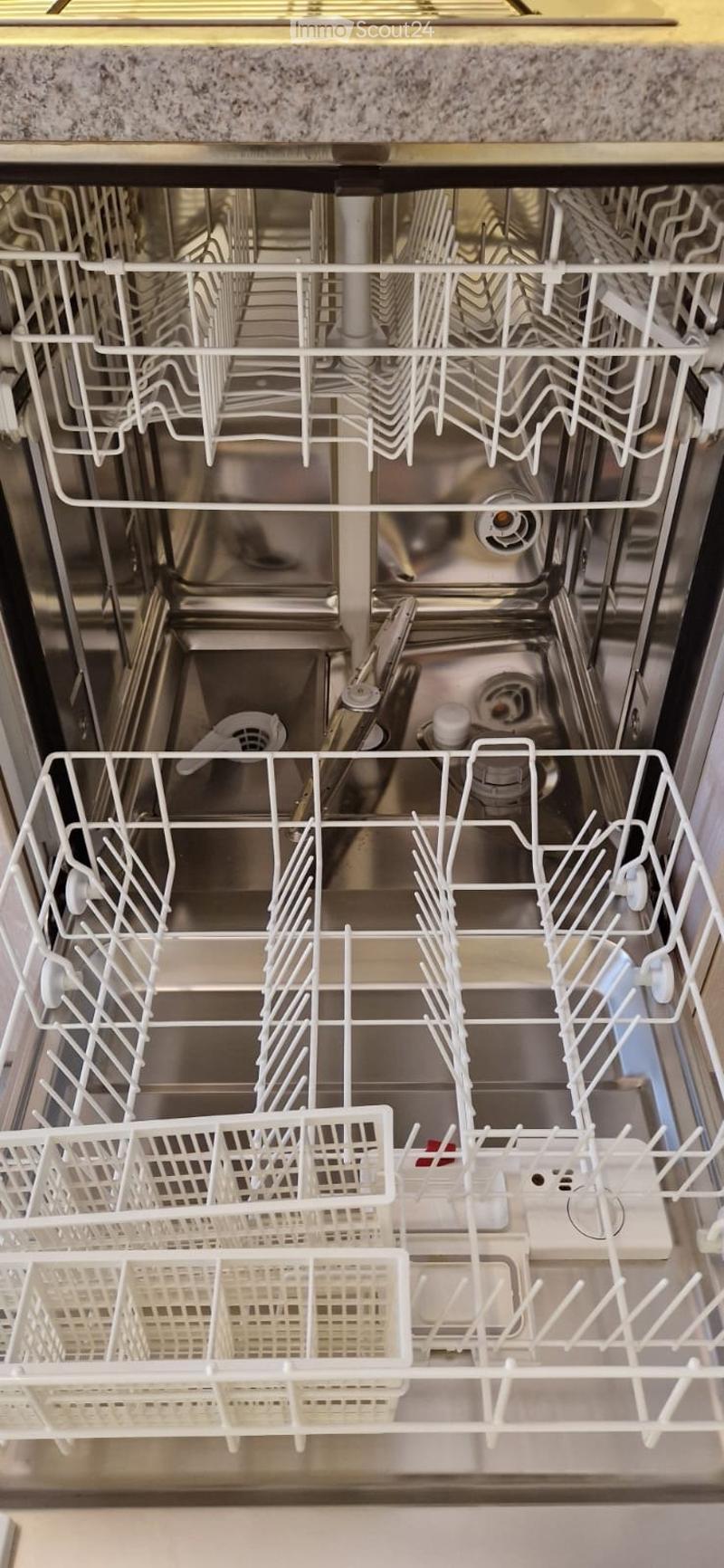 Stainless steel dishwasher, open door, clean interior, multiple racks