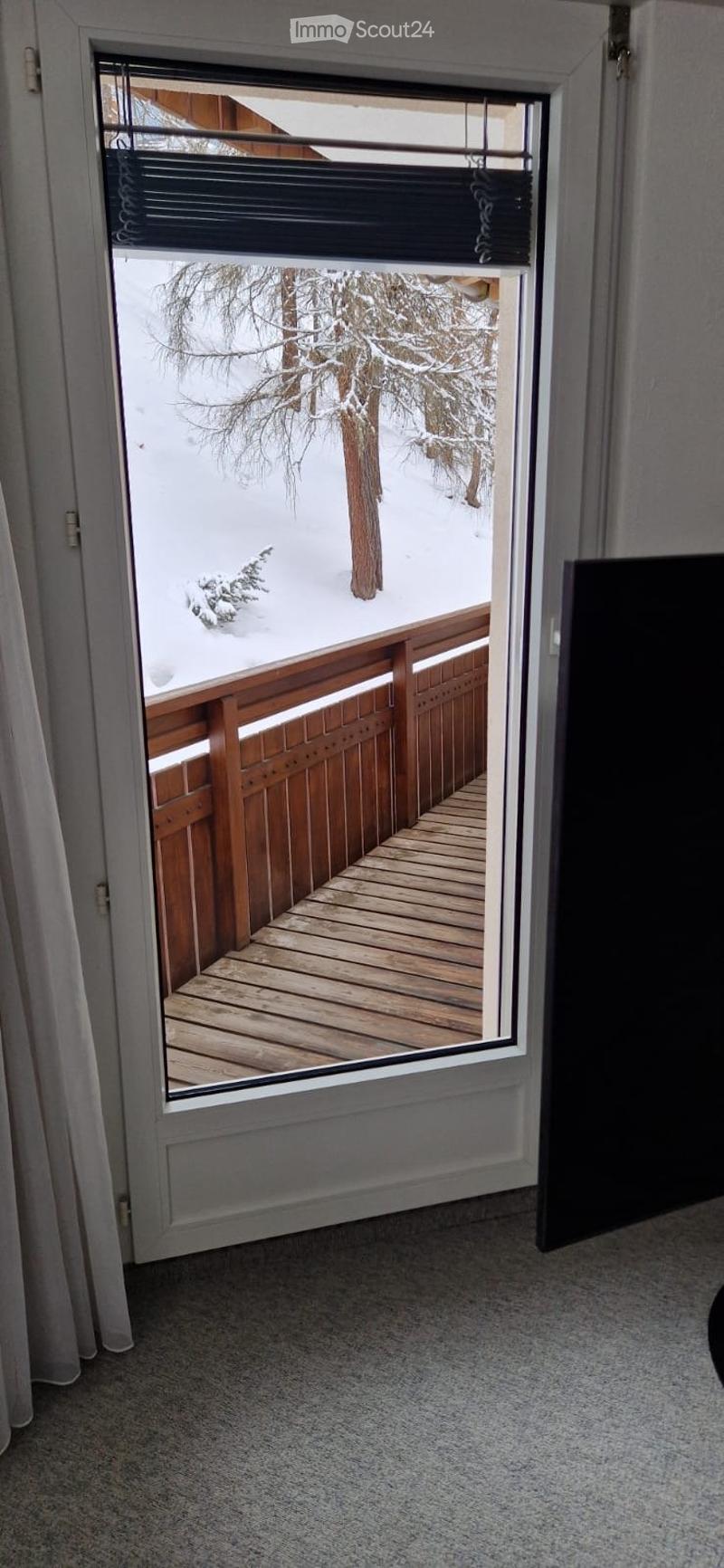 Open door to balcony, wooden railing, snowy landscape, tree, wooden floor