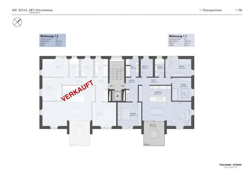 Floor plan of the first floor of a multi-unit building, showing two apartments (Wohnung 1.1 and Wohnung 1.2), each with 4.5 rooms, living areas, bedrooms, bathrooms, and balconies.