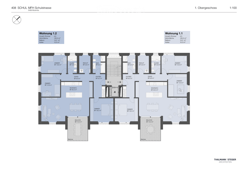 2 apartments, each with 4.5 rooms, living room, kitchen, 2 bedrooms, bathroom, balcony, cellar, entrance, hallway, storage