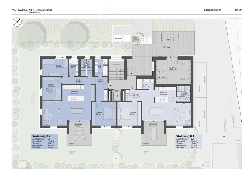 Ground floor floor plan of a multi-unit building showing two apartments (Wohnung 0.1 and Wohnung 0.2), each with bedrooms, bathrooms, living spaces, and terraces. Includes a container, bicycle storage, and outdoor areas.
