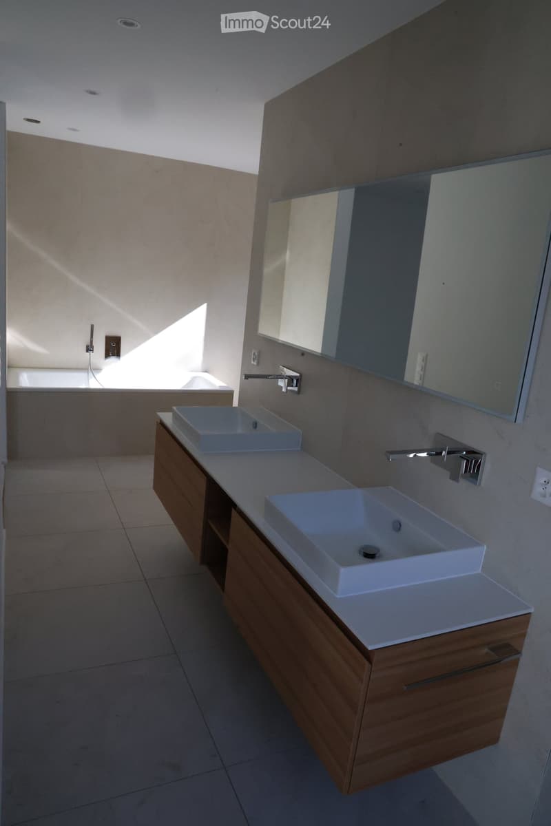 Modern bathroom with two white sinks on a wooden cabinet, a large mirror, and a bathtub in the background.