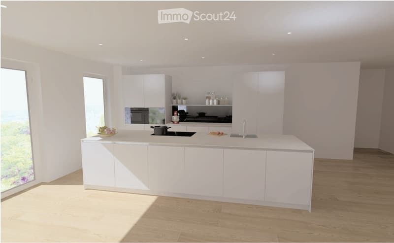 modern kitchen with white cabinets, island, gas stove, sink, large windows