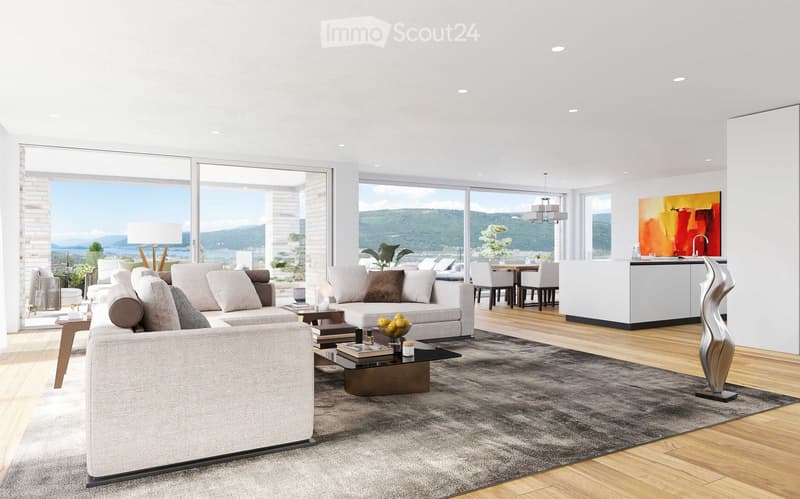 modern living room with large windows, wooden floor, white walls, large sofa, coffee table, dining table, kitchen island, artwork, chandelier