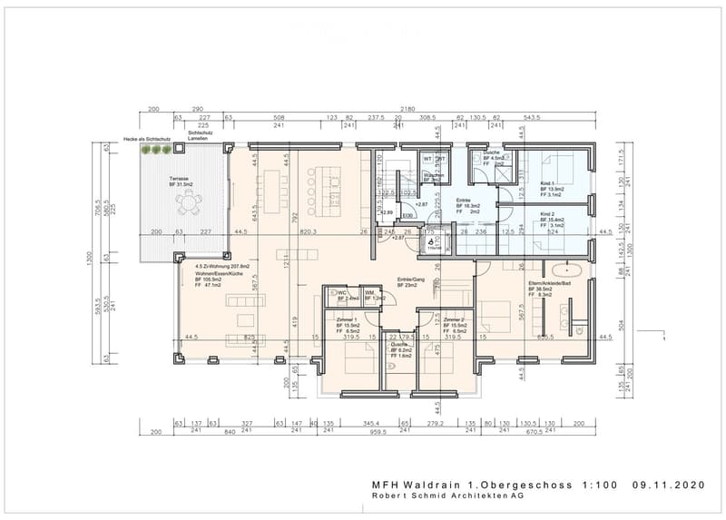Floor plan of a multi-family home showing living spaces, bedrooms, bathrooms, and a terrace.