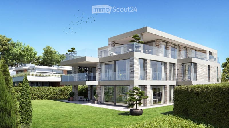 Modern 3-story house, large glass windows, brick and concrete exterior, multiple balconies, landscaped garden, trees, hedges