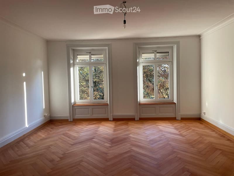 empty room, wooden parquet floor, white walls, two windows, window seats, ceiling lamp