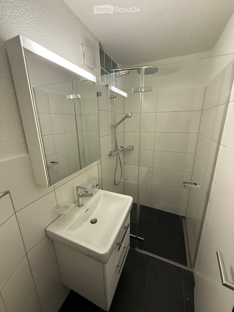 modern bathroom with white tiles, glass shower, white sink, mirror, and cabinet