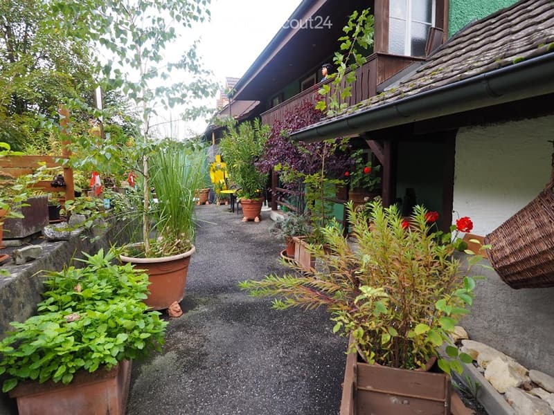 Garden with various potted plants, a pathway, and a balcony with a wooden railing.