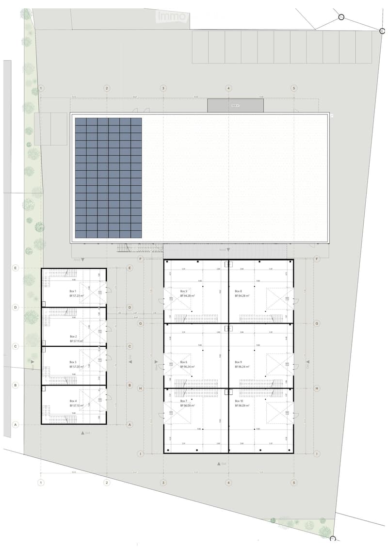 Floor plan with multiple boxes labeled as Box 1 to Box 10, each with dimensions, solar panel on top, and a large open area