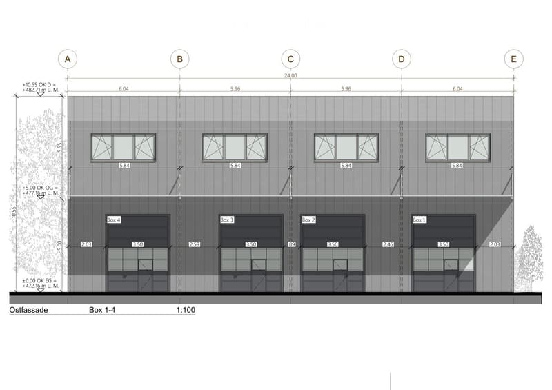 5 boxes, each with a garage and a door