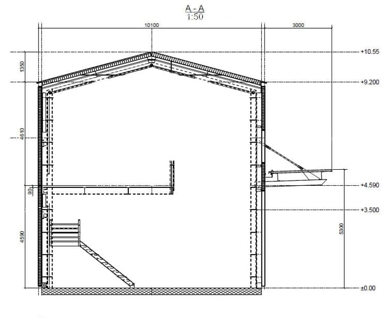 A-A section of a house with a raised ground floor, stairs, and a roof structure.