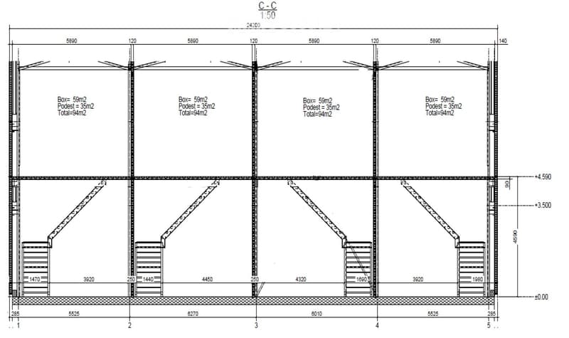 Floor plan with multiple boxes, each with a box area of 59m2, and a total area of 94m2 for each box.