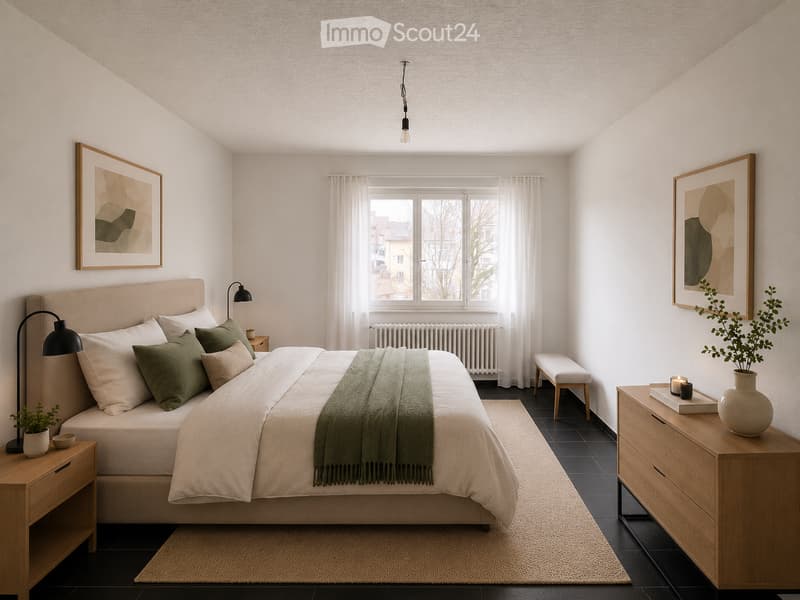Modern bedroom with a large bed, nightstands, lamps, a bench, and decorative items including a plant and candles.