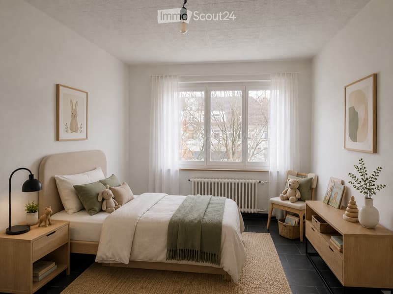 Cozy bedroom with a large bed, nightstand, lamp, chair, and decorative items including a vase, picture frames, and books.