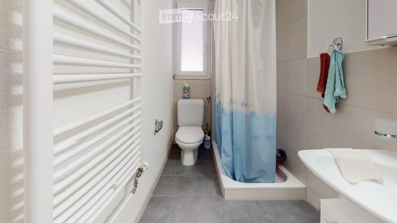 Bathroom with toilet, shower, sink, towel rack, and radiator