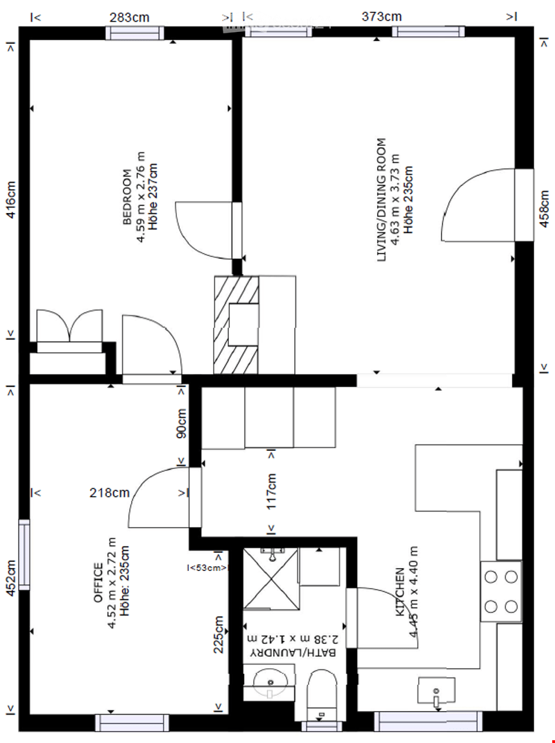 Living/Dining room, Kitchen, 2 Bedrooms, Office, 2 Bathrooms