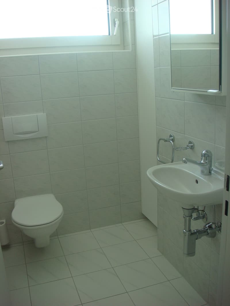 A small bathroom with white tiles, a toilet, a sink, and a mirror.