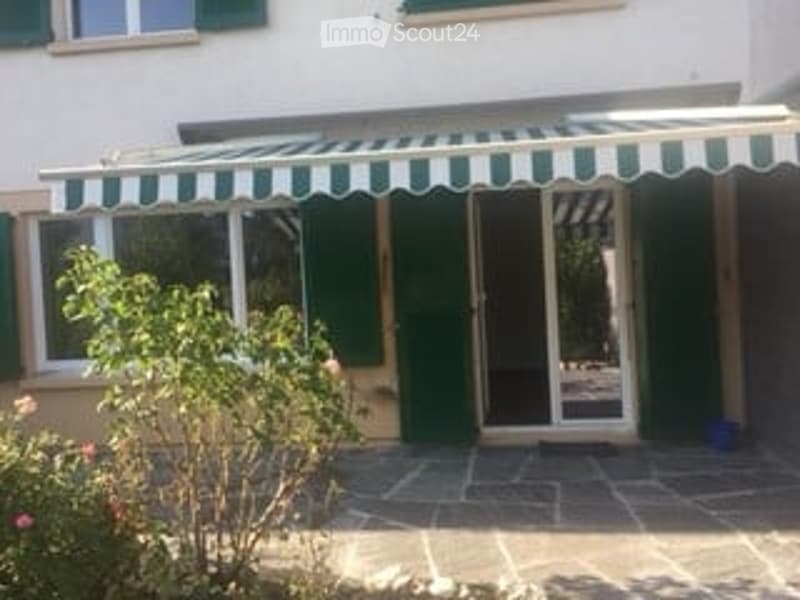 white house, green shutters, green and white awning, patio, plants