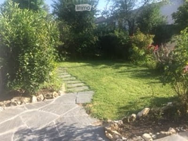 well-maintained garden with a stone pathway, lush green grass, and a variety of plants and trees