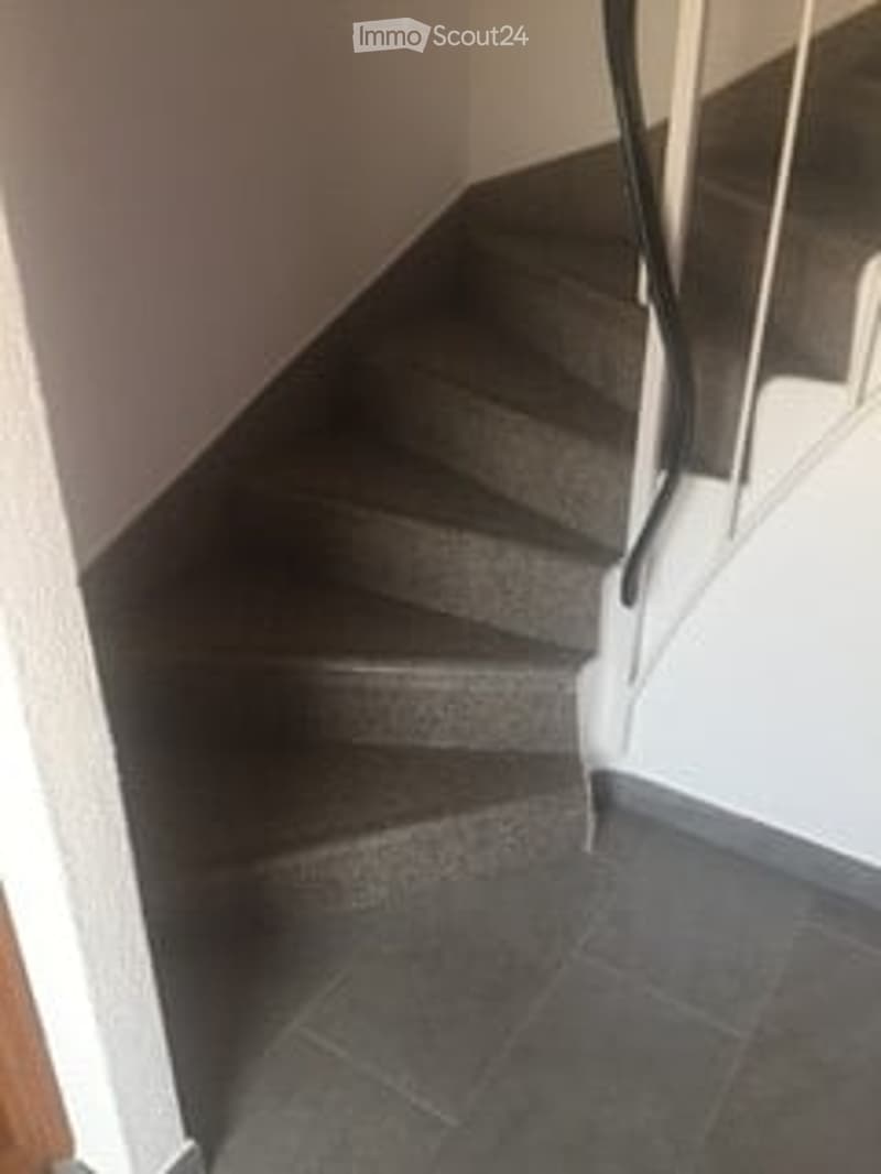 Gray tiled stairs, white handrail, raised ground floor