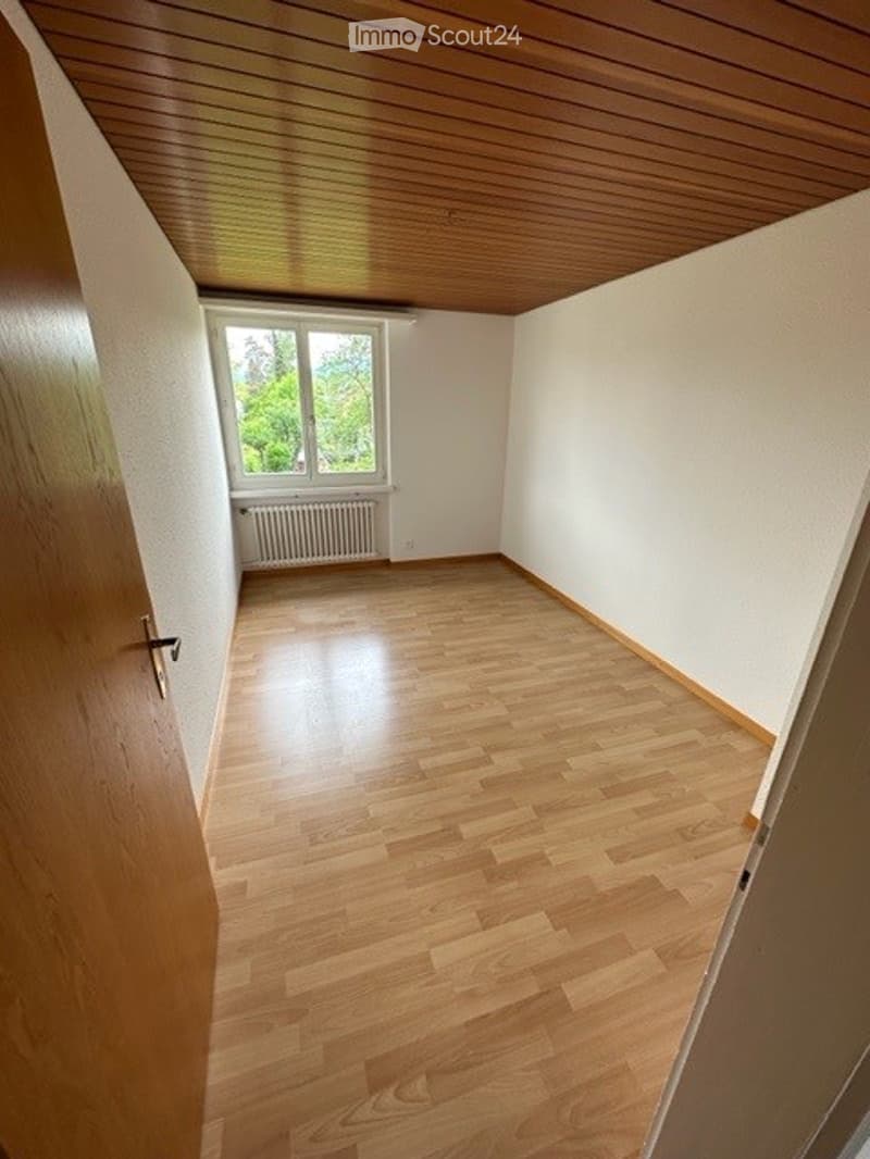 empty room, wooden floor, white walls, wooden ceiling, window, radiator