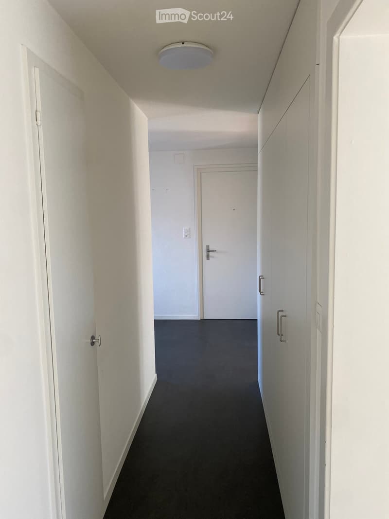 Empty hallway with white walls, black floor, ceiling light, and two doors.