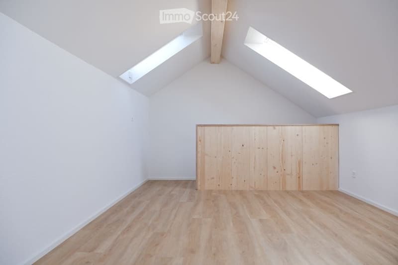 empty room, wooden floor, white walls, wooden partition, skylights