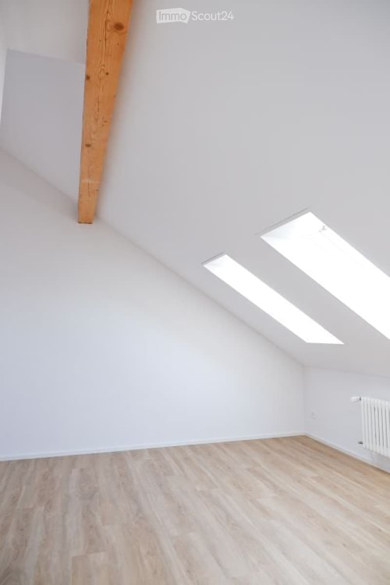 empty room, wooden ceiling, white walls, wooden floor, two skylights