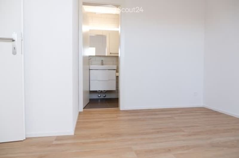 Empty room with wooden floor, white walls, open door, sink, mirror, and a small window