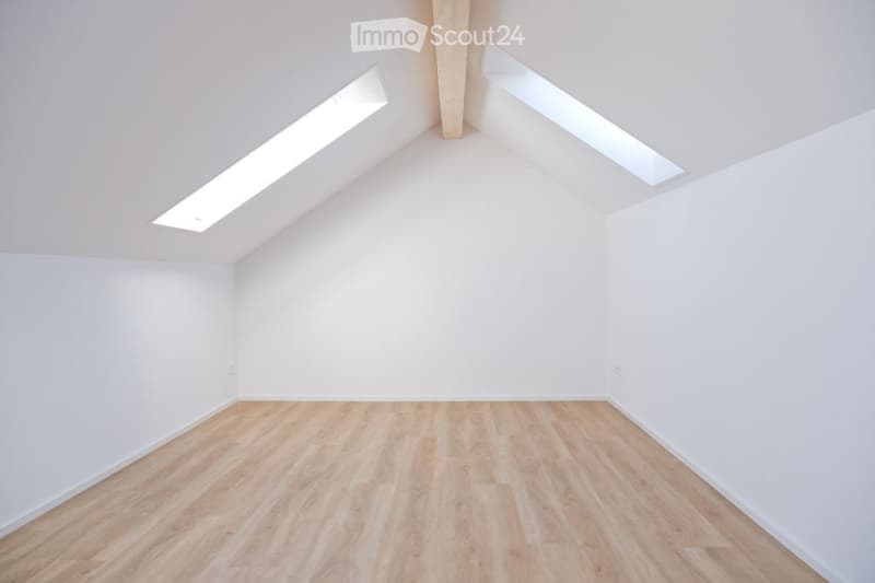 empty room, wooden floor, white walls, two skylights