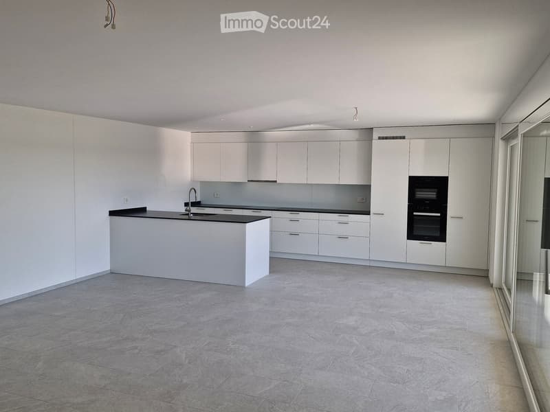 modern kitchen with white cabinets, black countertops, island with sink, built-in oven and microwave, large windows