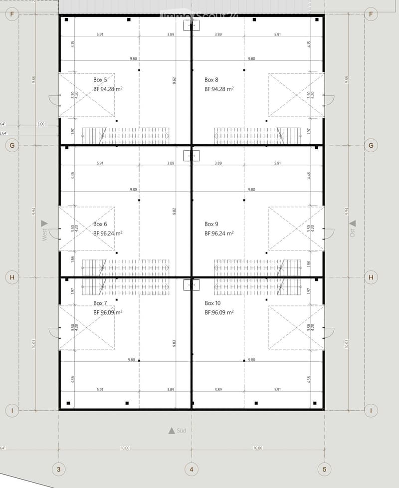 10 boxes, each with a floor area of 94.28 m² to 96.09 m²