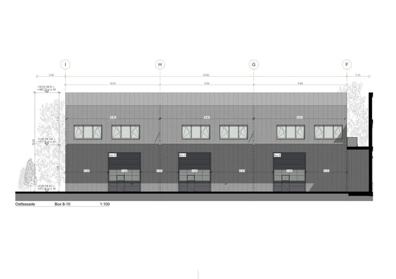 Floor plan of a building with 3 boxes, each with a garage and entrance