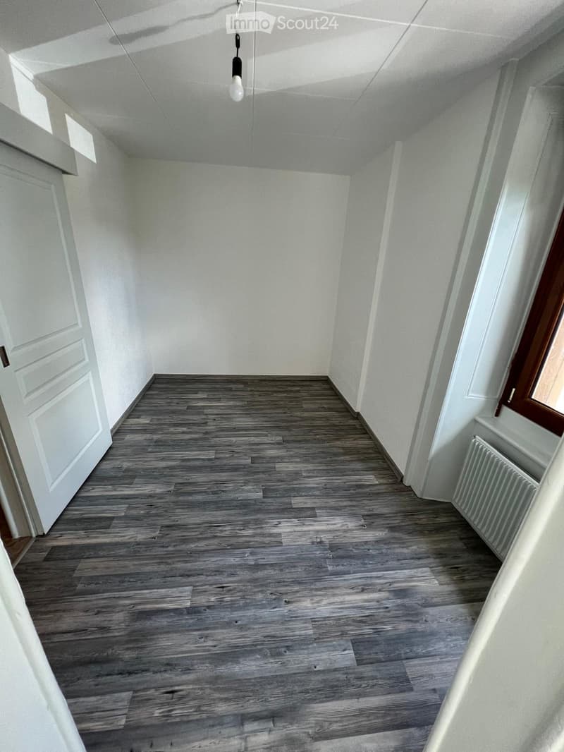 empty room, wooden floor, white walls, white door, window with wooden frame, radiator