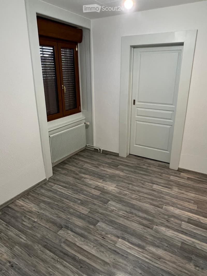 empty room, wooden floor, white walls, window with blinds, radiator, door