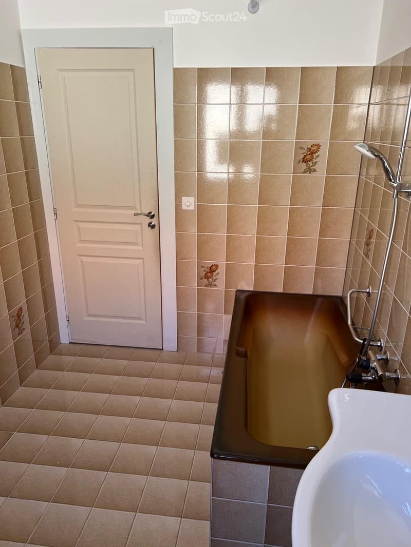 Bathroom with tiled walls, bathtub, sink, shower head, door