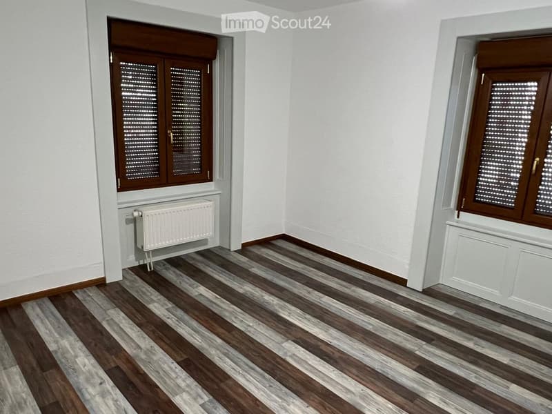empty room, wooden floor, white walls, two windows, radiator