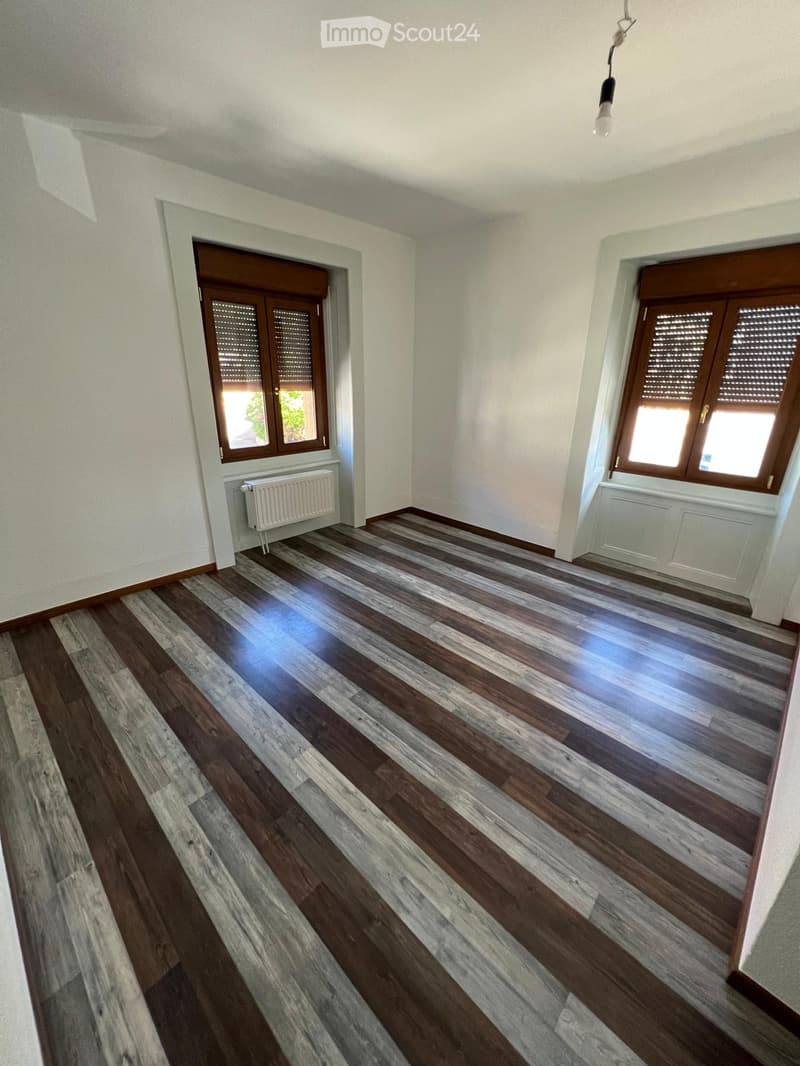empty room, wooden floor, white walls, two windows, radiator