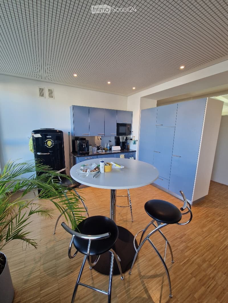 Kitchenette with round table and barstools, wooden floor, blue cabinets, modern appliances, potted plant