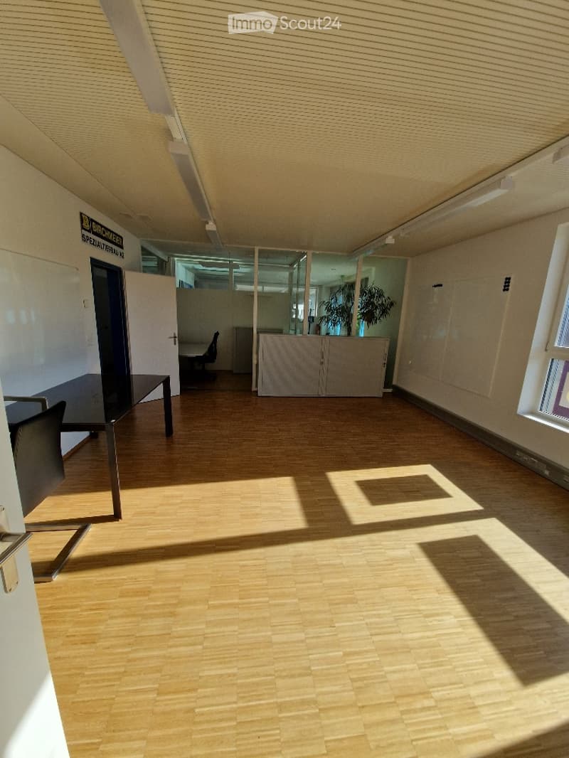 A spacious room with large wooden floor, office desk and chair, a white counter, glass windows with blinds, and an indoor plant.