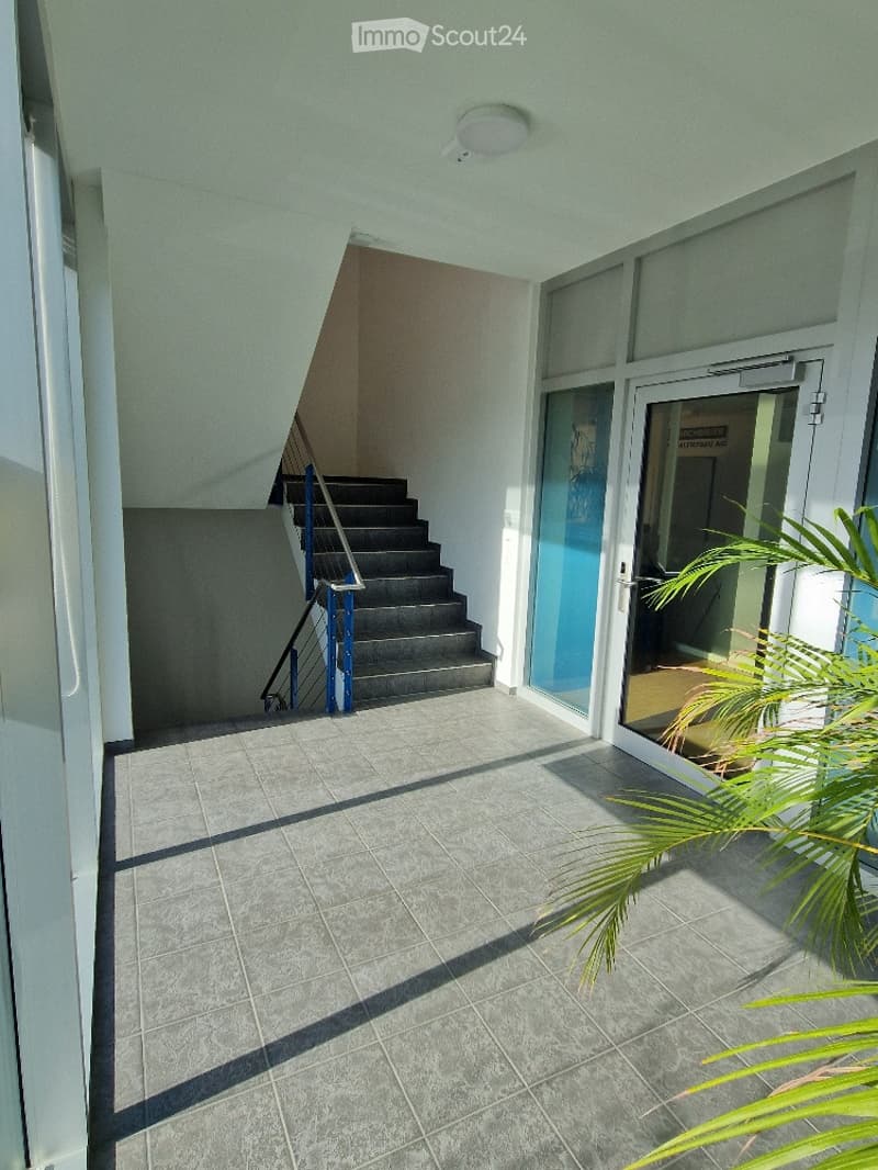 elevated ground floor, tiled floor, railing on stairs, glass doors