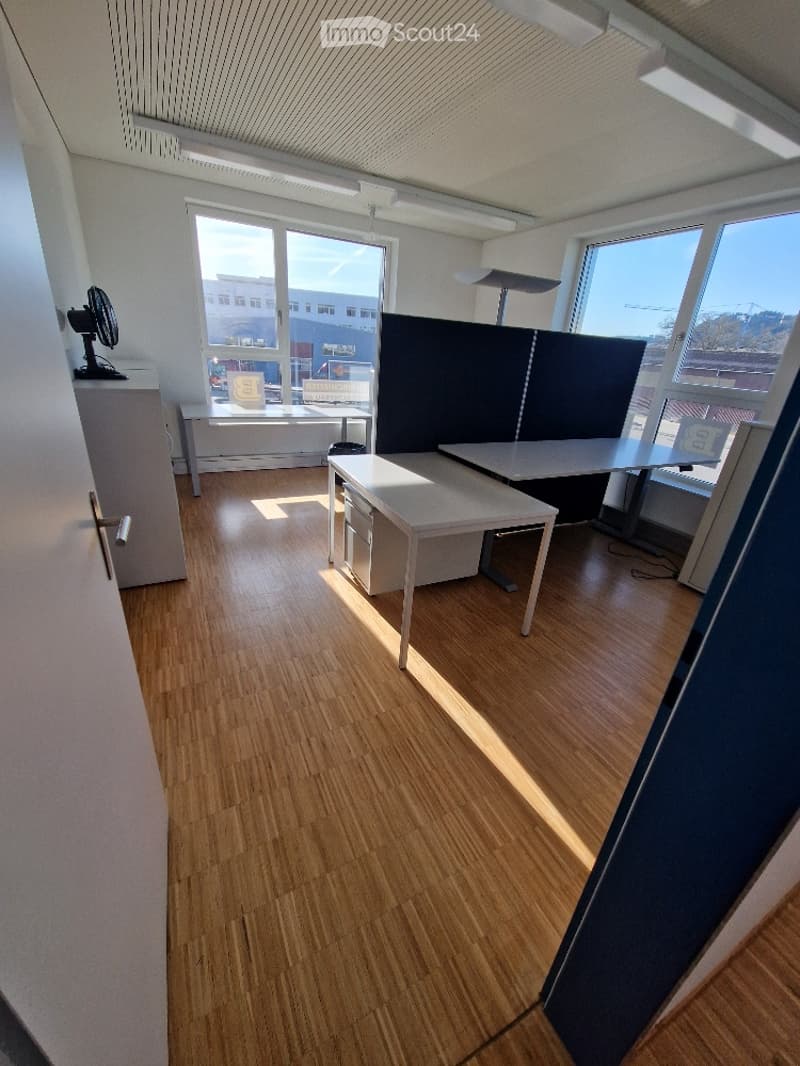 empty office with wooden floor, white walls, desk, windows, fluorescent lighting