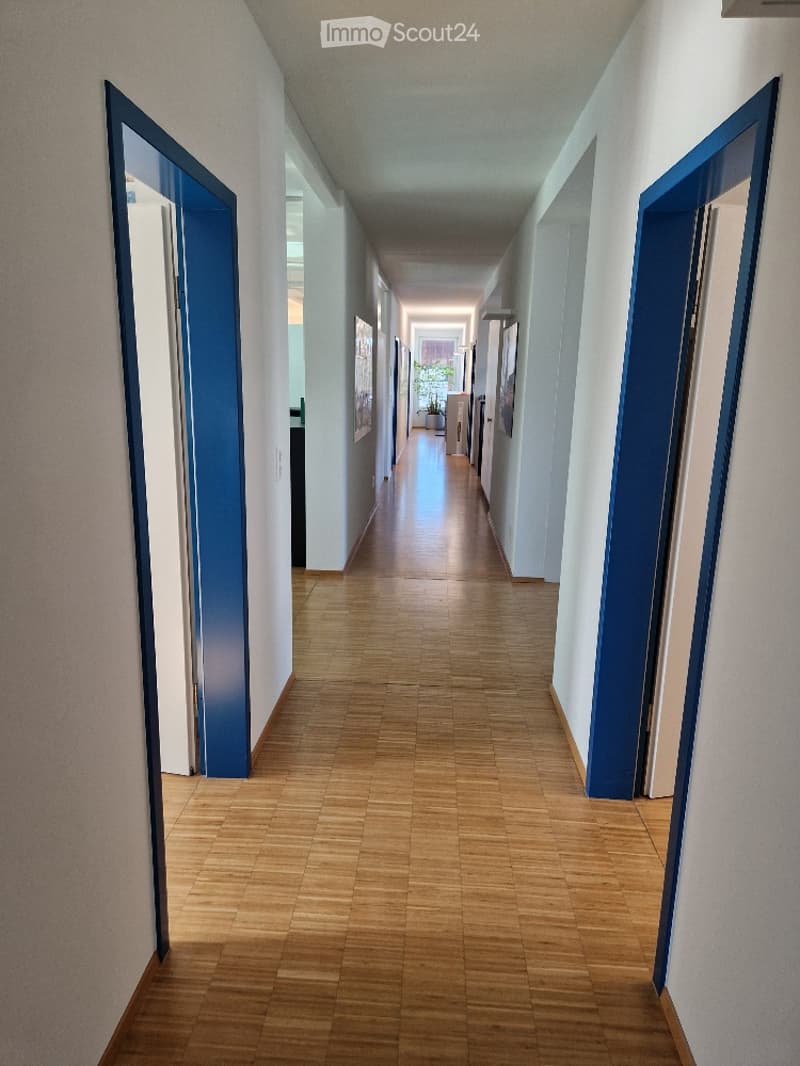 Corridor with hardwood floors and blue doors, paintings on wall