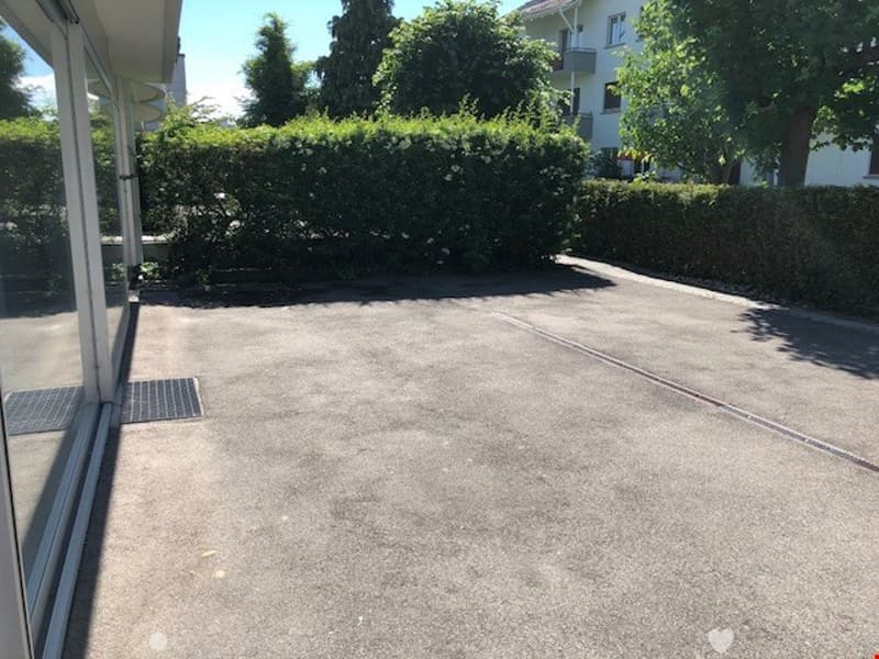 Empty parking lot with a drain in the middle, surrounded by hedges and trees