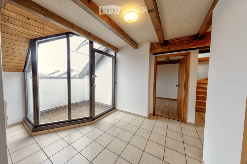 empty room, white tiles, wooden ceiling, large glass door, balcony