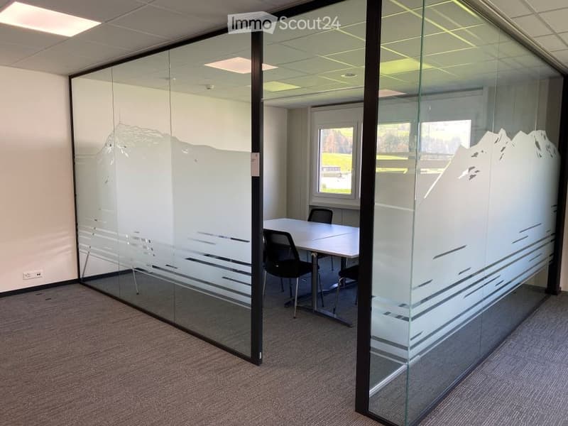 glass walls, white table, black chairs, white walls, window with view
