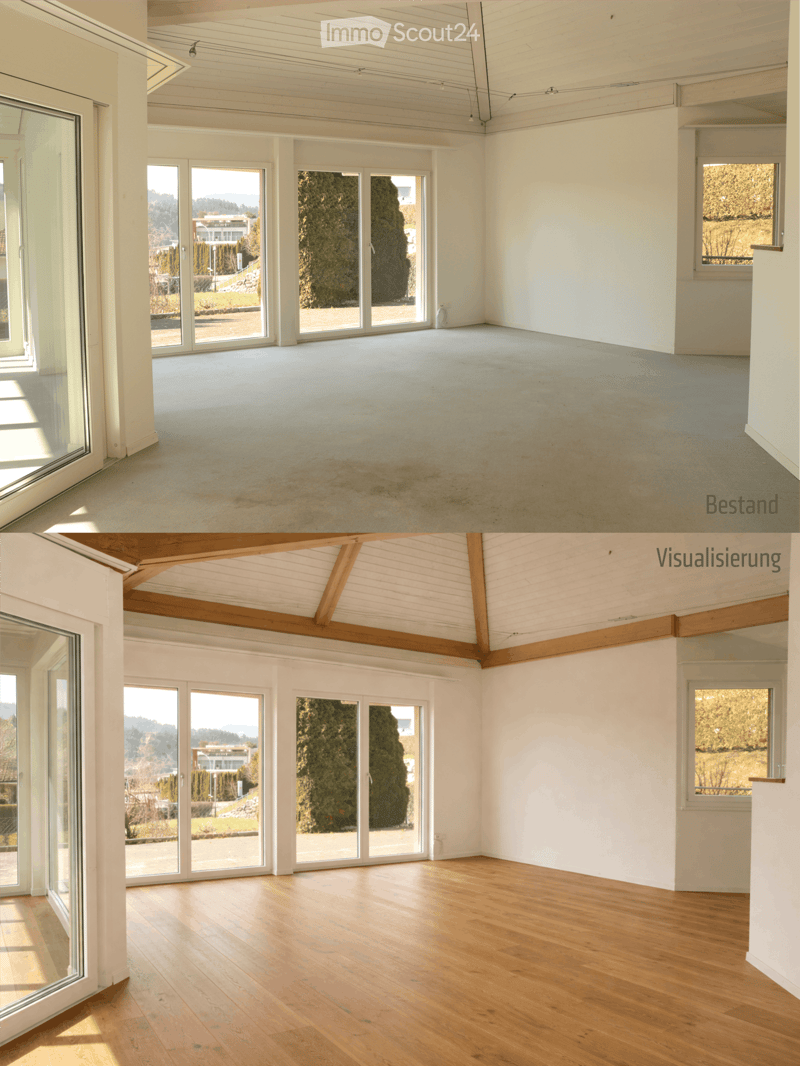 large windows, wooden floor, wooden beams, empty room